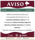 Suspenden clases en Culiacán, Navolato, Mocorito, Angostura y Salvador Alvarado para el turno matutino
