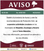 ¡Atención! Suspenden clases en Mazatlán, Escuinapa y Rosario para turno matutino