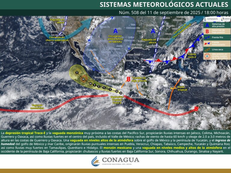 Depresión tropical Trece-E se desplaza frente al Pacífico sur mexicano; prevén lluvias intensas y oleaje elevado
