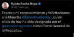 Rocha Moya felicita a Ernestina Godoy por su designación como Fiscal General de la República