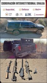 Tras repeler una agresión, el Grupo Interinstitucional asegura vehículos blindados, un fusil calibre .50, dos ametralladoras y una pistola, en Mocorito Tras repeler una agresión, el Grupo Interinstitucional asegura vehículos blindados, un fusil calibre .50, dos ametralladoras y una pistola, en Mocorito